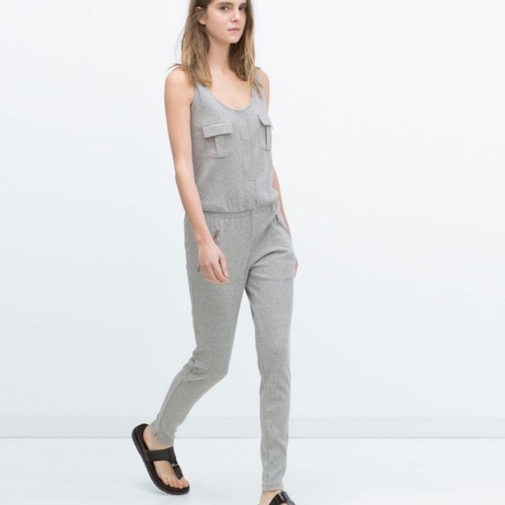 Zara Jumpsuit Womens Size Small Gray Sleeveless Tank Pockets One Piece Romper